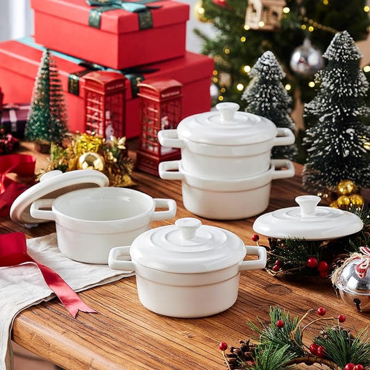 Lareina Mini Cocotte - 12oz Ceramic Casserole Dishes - Kitchen Casserole Sets With Handles And Lid - Small Baking Ramekins - Oven, Microwave & Dishwasher Safe - Set of 4 - White