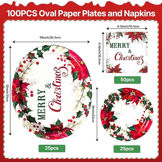Dereinwo 100 PCS Christmas Paper Plates and Napkins | Bundle Includes Paper Oval Dinner Plates and Napkins for Christmas Party Supplies
