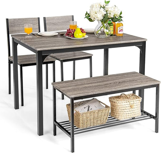 Giantex Dining Table Set for 4, Kitchen Table with Bench and Chairs, Industrial Gathering Bench Dining Set W/Metal Frame & Storage Rack, Dinette Set, Modern Functional Desk Set (Grey)