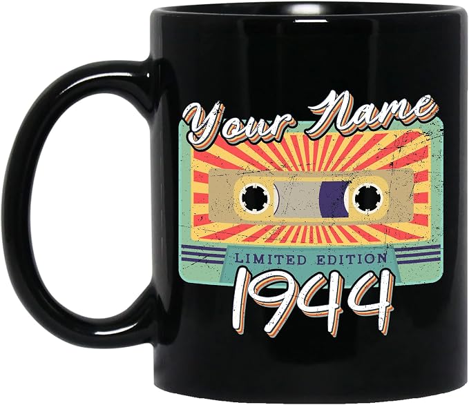 Personalized Vintage Cassette Tape Vintage 1944 Mug, Custom Your Name, 1944 Retro Coffee Mug, 78th Birthday Present Gifts, 1944 Birthday Gift For Friends Family, Customizable Black Tea Cups