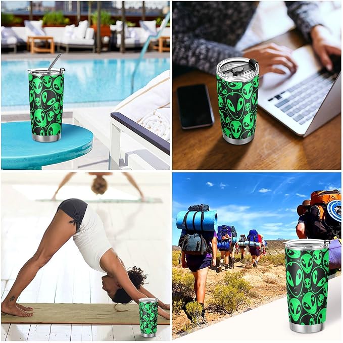 Tumbler Alien Neon Green Insulated Coffee Cup Driver Beverage Container Office Travel Mug with Straw and Lid 20oz Back to School Holiday Gift