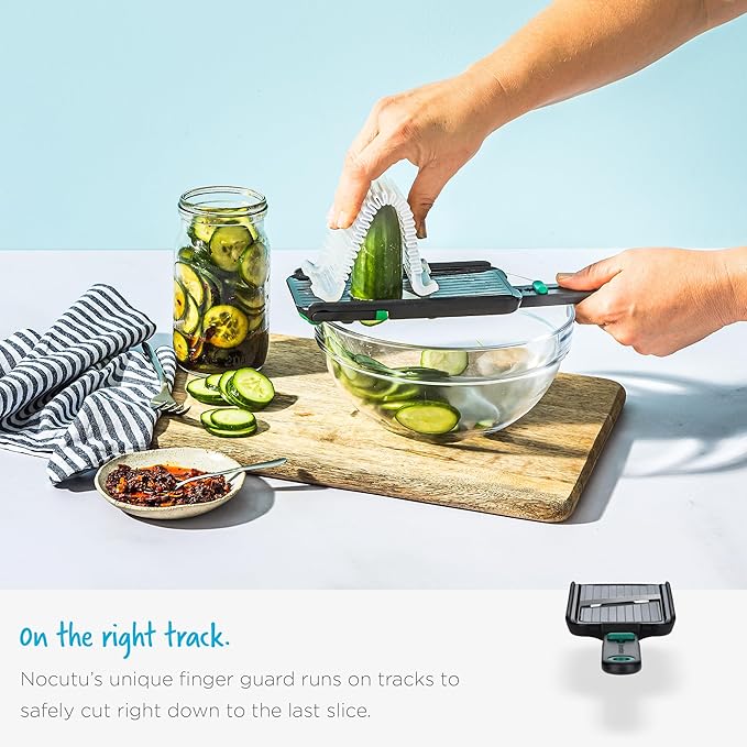 Dreamfarm Nocutu Handheld Safety Mandoline Slicer, Food Vegetable Cutter with Non-Slip Bowl Hook & Foot - Adjustable 1-3mm Slicer, Black/Green