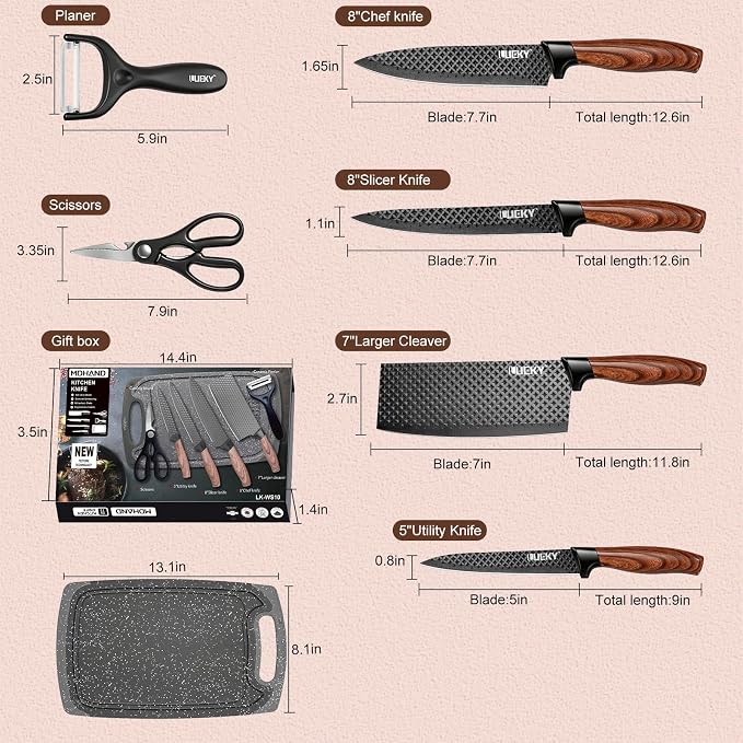 Knife Set, 7 Pieces Kitchen knife Set with Healthy Anti-Rust Coating, Stainless Steel Professional Chef Knife Sets with Elegant Box, Kitchen Knives with Scissors & Peeler & Cutting Board for Cooking