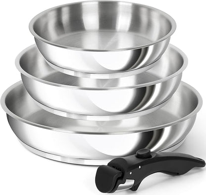 MICHELANGELO Stainless Steel Frying Pan Set, Cooking Pans with Removable Handle, Triply Base Stainless Steel Pan Set, Induction Compatible Skillet- 8" & 9.5" & 11"