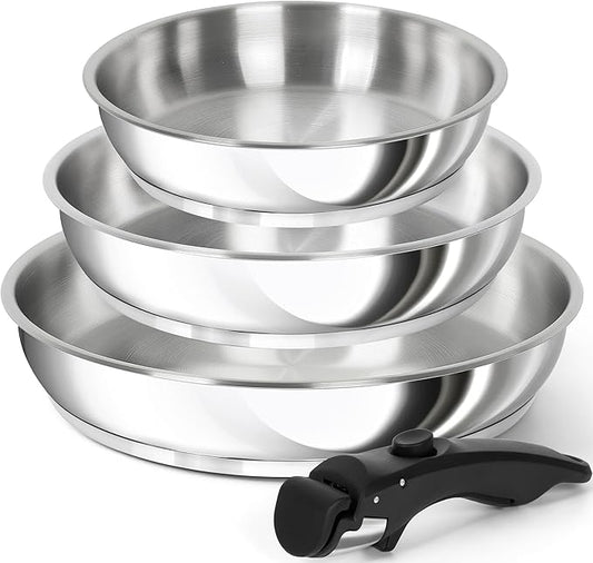 MICHELANGELO Stainless Steel Frying Pan Set, Cooking Pans with Removable Handle, Triply Base Stainless Steel Pan Set, Induction Compatible Skillet- 8" & 9.5" & 11"