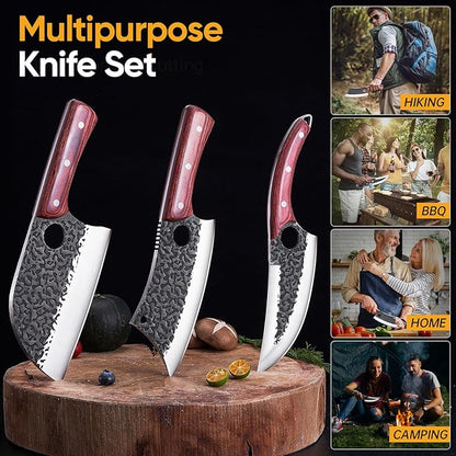KITNATS Butcher Knife Set, 3PCS Hand Forged Meat Cleaver, Serbian Chef Knife & Viking Boning Knife for Meat Cutting, Outdoor BBQ, Camping, Kitchen Cooking, Gift for Men