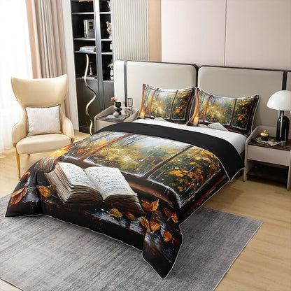 100% Nature Cotton Reading Book Theme Duvet Cover Set (No Comforter) Maple Leaves Comforter Cover Set Twin Size with 1 Pillowcase Rustic Farmhouse Bedding Set