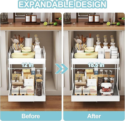 Golener 2-Tier Expandable Pull Out Cabinet Organizer - Slide Out Drawers for Kitchen Cabinets, Bathroom Organizers and Storage, Under Sink Organizer for Kitchen Storage Organization, White Metal Frame