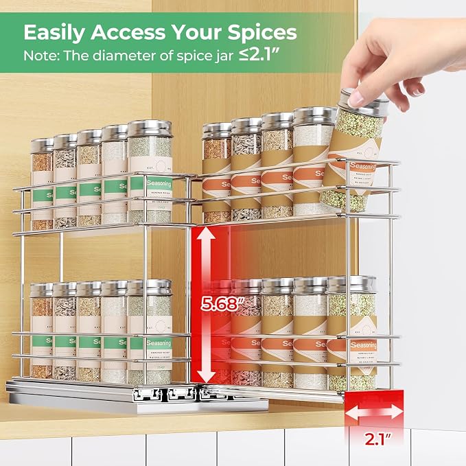 Mystozer Pull Out Spice Rack Organizer for Cabinet, Slide Out Spice Racks, Easy to Install Spice Cabinet Organizers, 5.28" Wx10.43 Dx8.26 H, 2 Drawers 2 Tiers(Silver)
