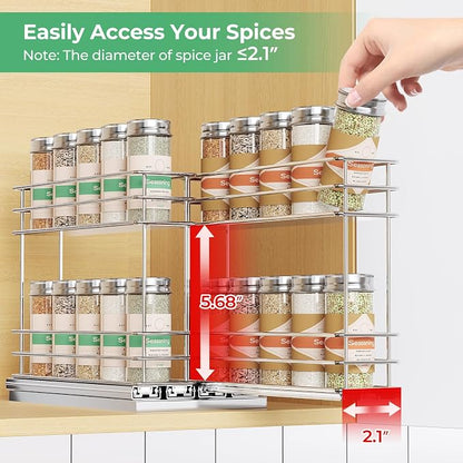 Mystozer Pull Out Spice Rack Organizer for Cabinet, Slide Out Spice Racks, Easy to Install Spice Cabinet Organizers, 5.28" Wx10.43 Dx8.26 H, 2 Drawers 2 Tiers(Silver)