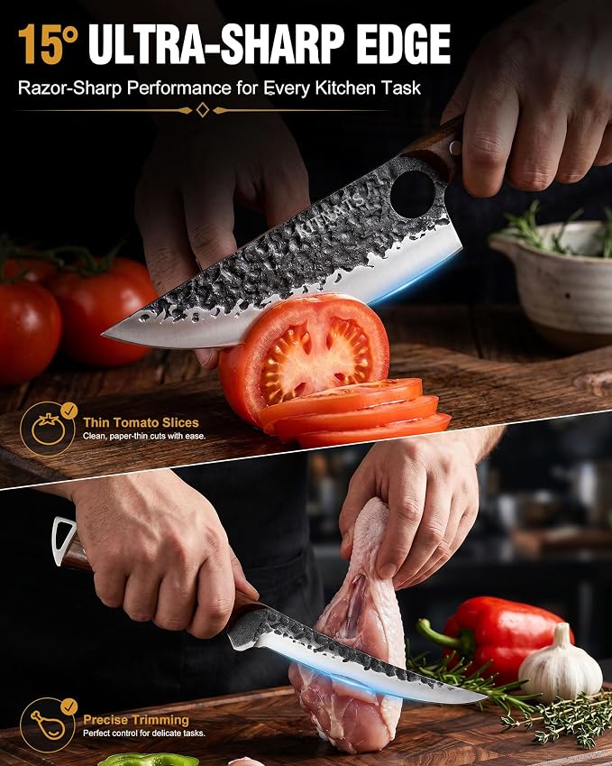 KITNATS Butcher Knife Set, 4PCS Hand Forged Kitchen Knives, Heavy Duty Meat Cleaver, Serbian Chef, Boning & BBQ Knife with Ergonomic Handle for Meat Cutting, Gift for Men Women