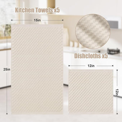 Homaxy 100% Cotton Kitchen Towels and Dishcloths Set, 12 x 12 & 15 x 25 Inches, Set of 10 Bulk Terry Cloth Dish Towels, Super Soft and Absorbent Hand Towel with Hanging Loop, Beige