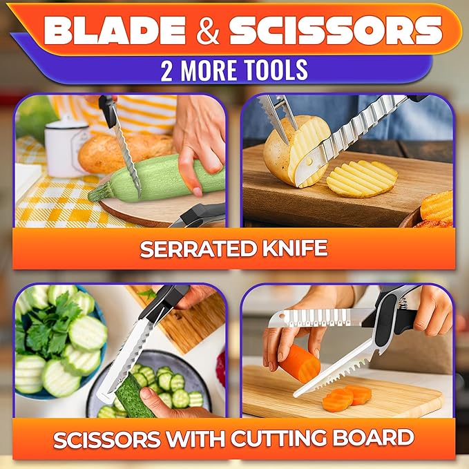 7-in-1 Cutting Board Scissors for Food - Heavy Duty Vegetable Scissors Food Cutter with Ribbed Blades, Chopping Board, Spring Assist, Safety Lock, Dishwasher Safe, Suitable for Meat & Vegetables