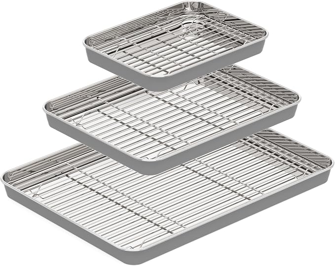 BRONYPRO Stainless Steel Baking Sheet with Wire Rack Pan (3 Pans + 3 Racks), Cookie Sheets 9/12/16 In, Non-Toxic (PFOA & PTFE Free), Solid Warp-Resistant Cooking Trays for Oven & Toaster, Gray