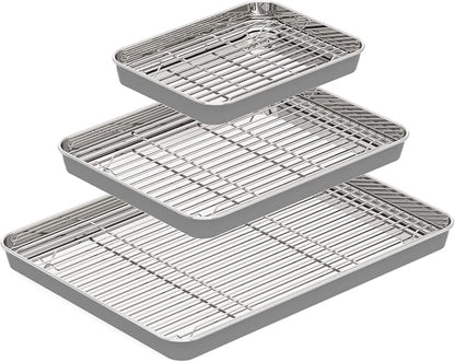 BRONYPRO Stainless Steel Baking Sheet with Wire Rack Pan (3 Pans + 3 Racks), Cookie Sheets 9/12/16 In, Non-Toxic (PFOA & PTFE Free), Solid Warp-Resistant Cooking Trays for Oven & Toaster, Gray