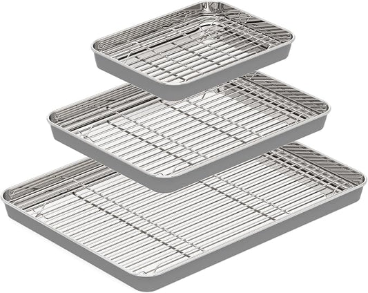 BRONYPRO Stainless Steel Baking Sheet with Wire Rack Pan (3 Pans + 3 Racks), Cookie Sheets 9/12/16 In, Non-Toxic (PFOA & PTFE Free), Solid Warp-Resistant Cooking Trays for Oven & Toaster, Gray