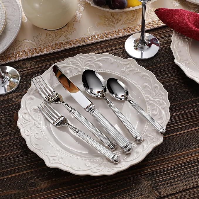 KEAWELL Premium Prestige Silverware Set - Exquisite Craftsmanship, Service for 8, 18/10 Stainless Steel, Luxurious Flatware Set with Serving Utensils, Heavy Duty, Dishwasher Safe (45, Silver)