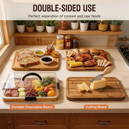 Renmxj Charcuterie Boards with Lid Gift Set, 2 in 1 Travel Portable Cheese Board with Knives Set, Natural Bamboo Charcuterie Tray, Housewarming Gifts New Home, Picnic, Wedding Gifts, Black Handle
