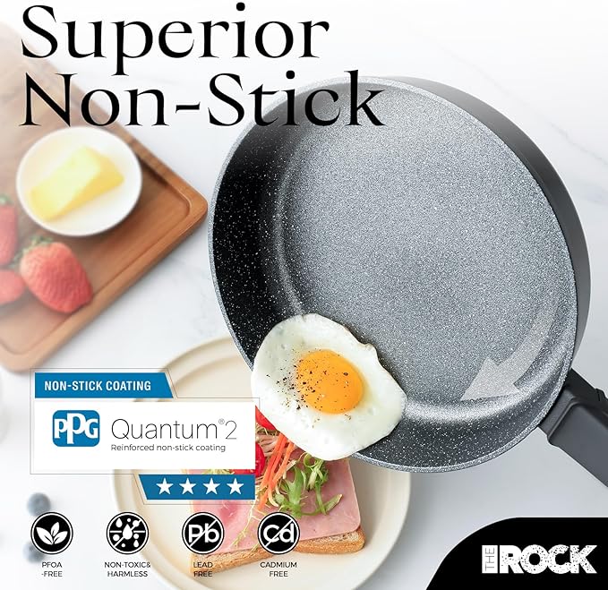 THE ROCK SOHO 12.5-Inch Non Stick Frying Pan with Lid – Nothing Sticks, Never Warps, Lasts Longer, Healthy Skillet with Heat-Resistant Handle, PFOA Free, Dishwasher Safe, Black