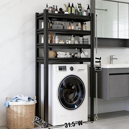 Over the Washer and Dryer Storage Shelf, Height-Adjustable Storage Shelf, 5-Tier Metal Organizer Rack for Washer Dryer, Sturdy Shelving Unit for Kitchen, Apartment, Black (72"Hx31.5"Wx15.8"D)