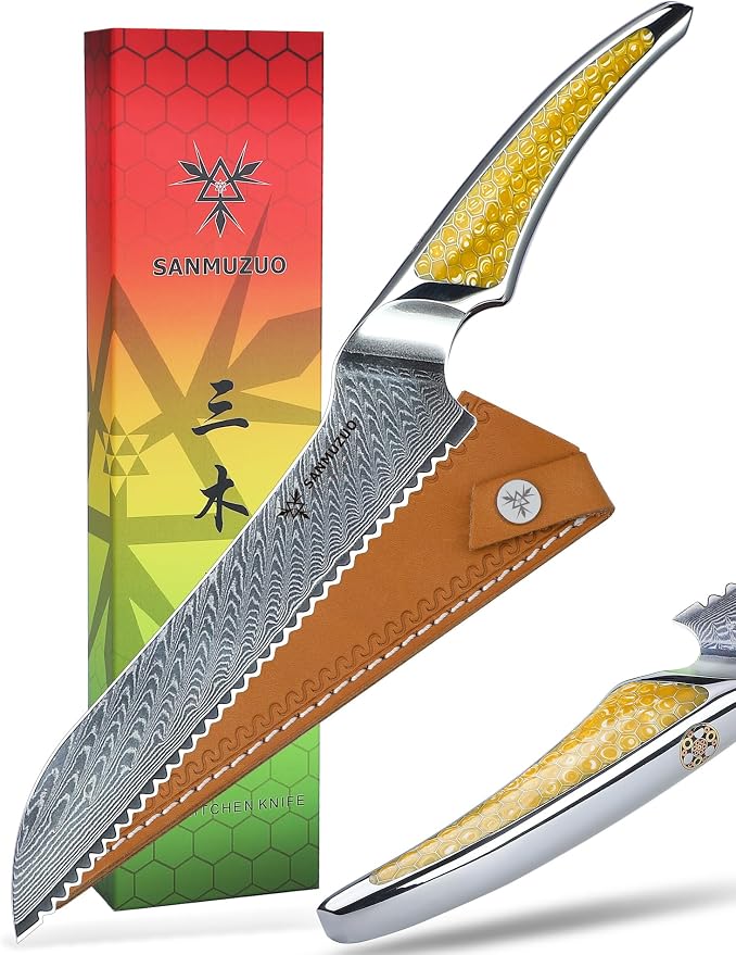 8 inch Serrated Bread Knife, Japanese VG-10 Damascus Steel Kitchen Knife, Ultra Sharp Bread Cutting Knife with Full-tang Handle in Yellow Resin, LA-S9 Series