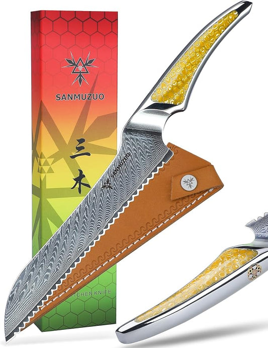 8 inch Serrated Bread Knife, Japanese VG-10 Damascus Steel Kitchen Knife, Ultra Sharp Bread Cutting Knife with Full-tang Handle in Yellow Resin, LA-S9 Series