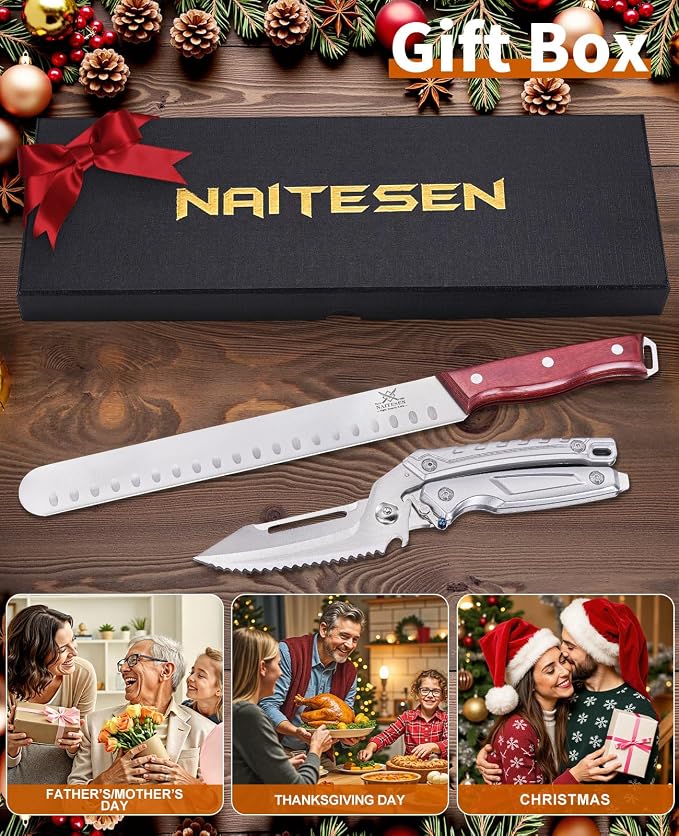 Naitesen 2PCS Brisket Carving Knife and All Purpose Kitchen Shears Set, Grilling Knives Heavy Duty Poultry Scissors, Butcher Slicing Knife for Vegetable Meat Beef Turkey Cutting, Gifts for Men Women