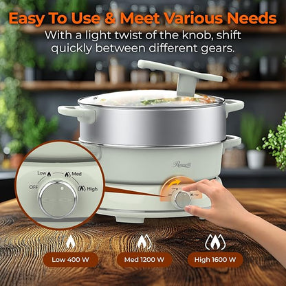 Rosewill 12.7 QT Electric Hot Pot Slow Cooker with Multiple Functions, Split Design with 11.8 inch Wider Cooking Pot and SUS Steam Basket, 1600W High Power, Includes Utensils - Light Green
