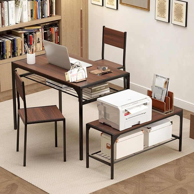 Giantex Dining Table Set for 4, Kitchen Table with Chairs & Bench, Storage Racks, Metal Frame, 4-Piece Space-Saving Dinette Set for Dining Room, Breakfast Nook, Small Space, Apartment, Walnut