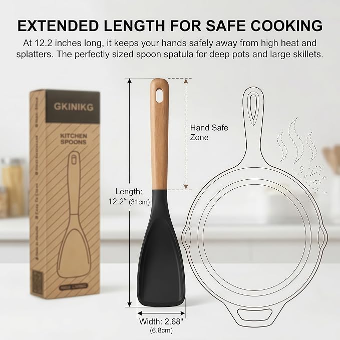 Silicone Spoon Spatula for Cooking, Flexible Spoon for Stirring, Scooping and Scraping, Safe for Nonstick Cookware, Black
