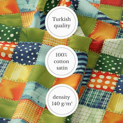 Patchwork Cotton Fabric Panel 61 x 36.6 Inches, Colorful Geometric Squares Quilt Style, 100% Cotton 140 GSM, Sewing Quilting Craft Fabric