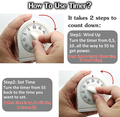 60 Minute Wind Up Timer, Visual Mechanical Timer with Loud Alarm, Manual Countdown Timers for Classroom, Home, Study and Cooking (2 Pack)