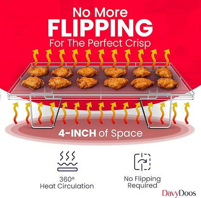 Flip-Free Crispmaster 1st Ever 4-Inch Elevated Roasting, Baking, and BBQ Rack for 360° Heat Stainless Steel Wings, Fries, Chicken, Veggies, Turkey for Oven, Grill, or Smoker 17” x 13”
