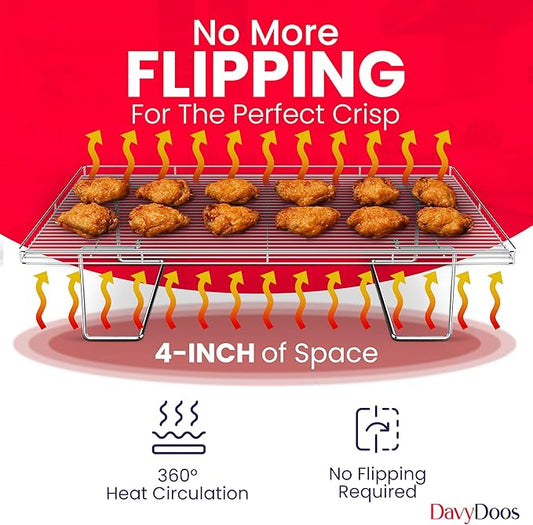 Flip-Free Crispmaster 1st Ever 4-Inch Elevated Roasting, Baking, and BBQ Rack for 360° Heat Stainless Steel Wings, Fries, Chicken, Veggies, Turkey for Oven, Grill, or Smoker 17” x 13”
