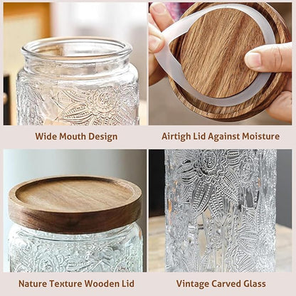 24 OZ Airtight Glass Storage Jar with Bamboo Lid - Vintage Glass Jar Vintage Food Containers Canisters Set for Kitchen Counter & Pantry - Ideal for Sugar, Flour, Coffee, Tea, Candy, Oats -6 Pack