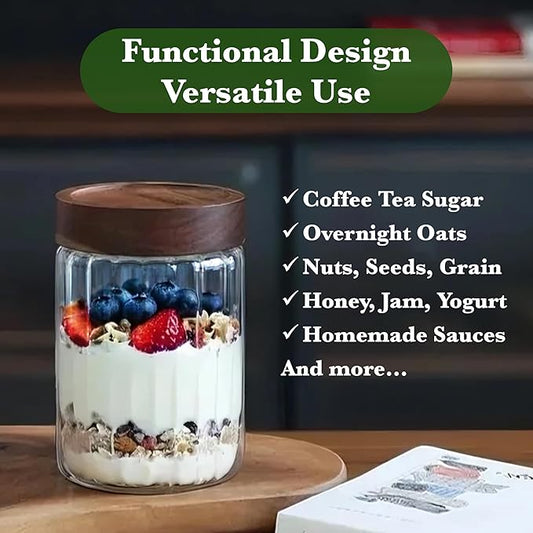 Decorative Borosilicate Glass Jar with Screw Top Airtight Wooden Lid, 28 oz/850ml Leak Resistant Food Storage Canister, Wide Mouth Container for Coffee Cookie Candy Overnight Oats Sourdough Starter