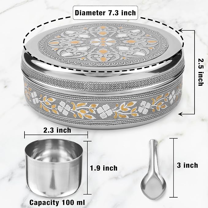 KSJONE Designer Spice Box, 7 Spice Jars, Holds 7 Spices, Steel Spice Container with 7 Spoons, Storage for Spices and dryfruits Indian Masala Dabba Gifts for Women, Mothers Day Gifts for Mom (7.3 Inch)