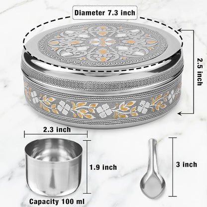 KSJONE Designer Spice Box, 7 Spice Jars, Holds 7 Spices, Steel Spice Container with 7 Spoons, Storage for Spices and dryfruits Indian Masala Dabba Gifts for Women, Mothers Day Gifts for Mom (7.3 Inch)