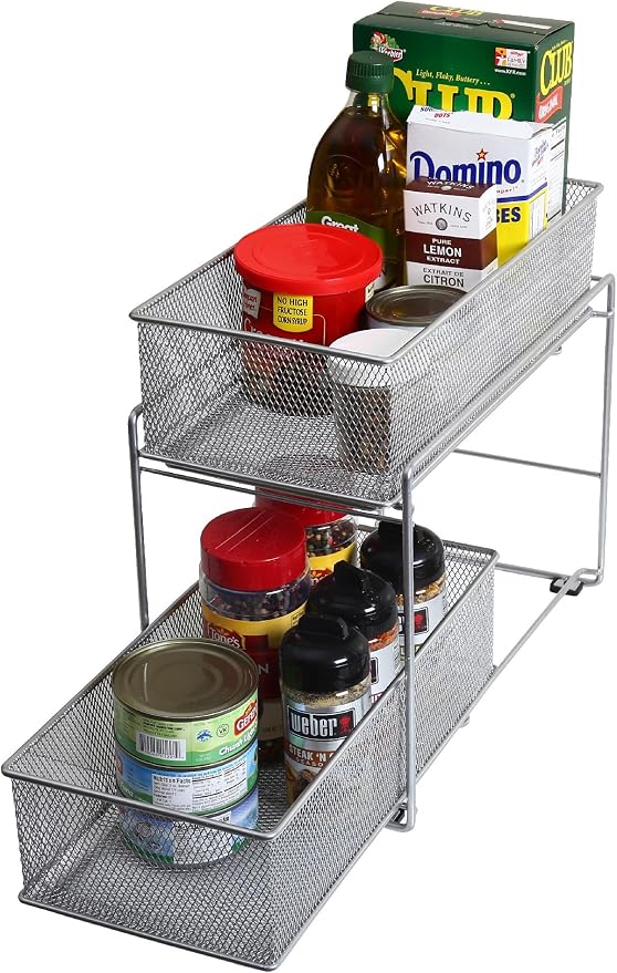YBM Home Silver 2 Tier Mesh Sliding Spice and Sauces Basket Cabinet Organizer Drawer 2304