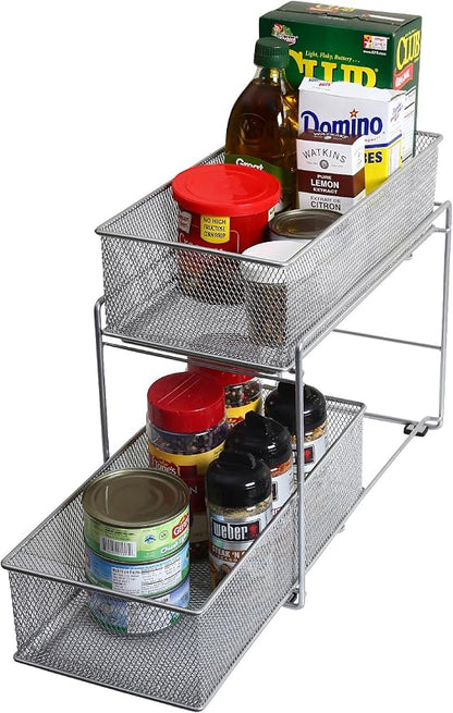 YBM Home Silver 2 Tier Mesh Sliding Spice and Sauces Basket Cabinet Organizer Drawer 2304