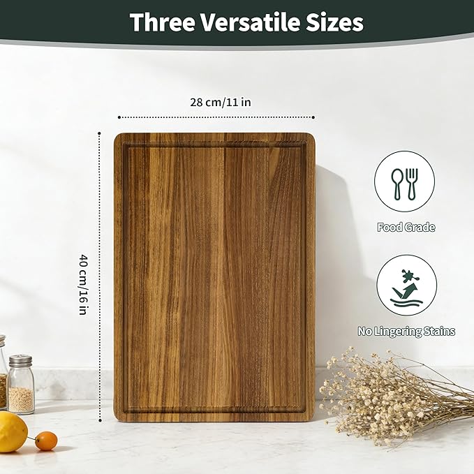Teak Cutting Board for Kitchen, Teak Wood Chopping Boards with Juice Groove & Handles 16 Inch Wooden Hardwood Cutting Board Heavy Duty Butcher Block for Cooking and Serving