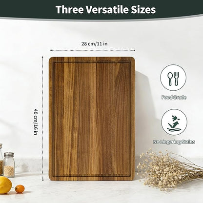Teak Cutting Board for Kitchen, Teak Wood Chopping Boards with Juice Groove & Handles 16 Inch Wooden Hardwood Cutting Board Heavy Duty Butcher Block for Cooking and Serving