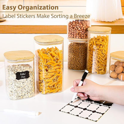 TBWIND 6 Pack Square Glass Storage Containers with Bamboo Lids (24oz/37oz/51oz) – Clear Food Airtight Canisters Sets for The Kitchen, Glass Jars for Coffee Beans, Coffee, Flour, Snacks, Spices