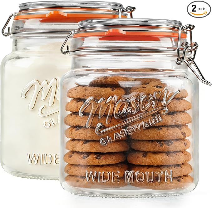 [NEW] 2 Pack Half Gallon Mason Jar with Hinged Lid, Wide Mouth Glass Flour Container for Food Storage, Cookie, Coffee, Pickle - 64 Oz Glass Jar with Glass Lid - Vintage Mason Jars w 2 Scale Marks