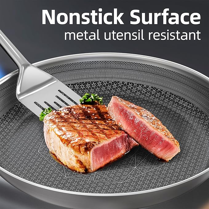 COOKER KING Stainless Steel Pans Set of 3 (8+10+12 Inch), Nonstick Induction Frying Pans,Chef's Pan,Skillets Dishwasher & Oven Safe, Stay-Cool Handles,Induction Compatible – Metal Utensil Safe