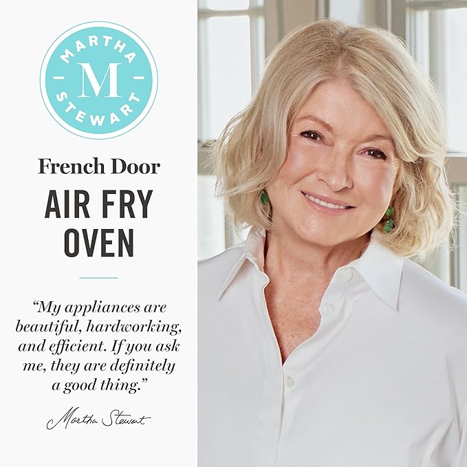 Martha Stewart French Door Air Fryer Toaster Oven Combo, 34QT Countertop Convection, 12-in-1, Bake, Broil, Roast, Fits 12” Pizza, Dehydrate, 5 Accessories, Air Fry Basket, Stainless Steel, Linen Cream
