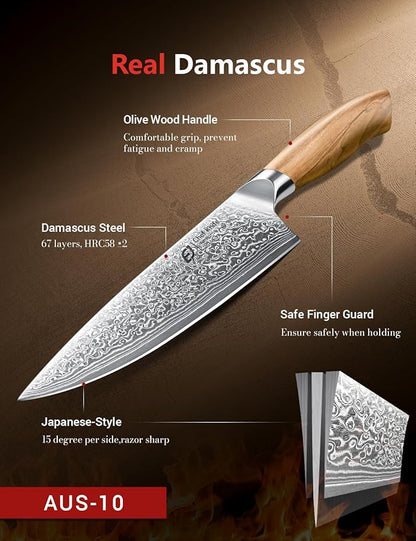 Emojoy Damascus Kitchen Knife Set, 3 PCS Japanese Chef Knife Set, 67-Layers Damascus Knife with Original Olive Wood Handle, Include Wooden Gift Box