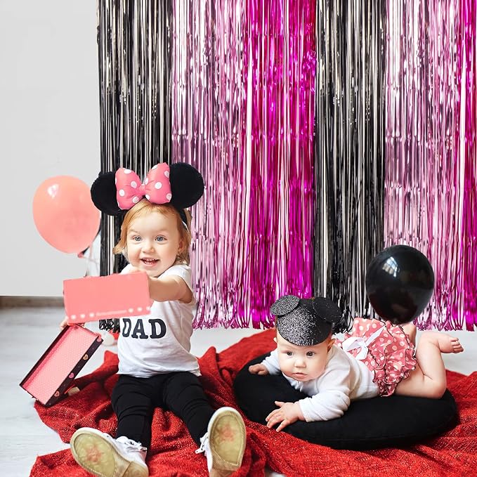 LOLStar 5 Pack Cartoon Mouse Birthday Party Supplies,3.3x6.6 ft Black Pink Fuchsia Tinsel Foil Fringe Curtains,Cartoon Mouse Photo Booth Prop Streamer Backdrop,Party Decoration for Girls Babies