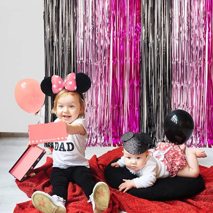 LOLStar 5 Pack Cartoon Mouse Birthday Party Supplies,3.3x6.6 ft Black Pink Fuchsia Tinsel Foil Fringe Curtains,Cartoon Mouse Photo Booth Prop Streamer Backdrop,Party Decoration for Girls Babies