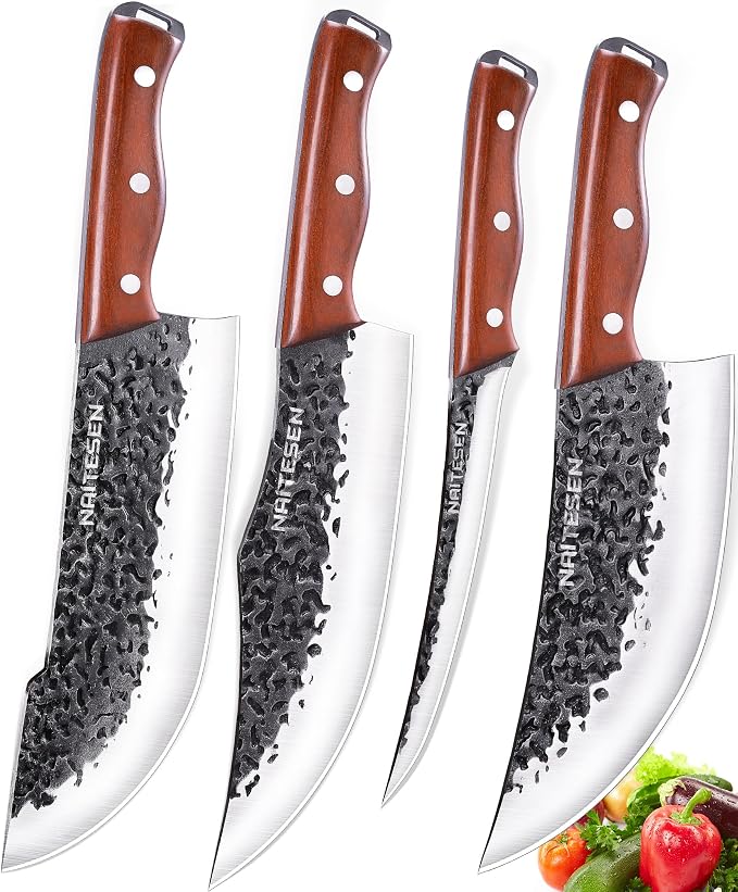 Naitesen 4PCS Butcher Knife and Kitchen Knife Set, Hand Forged Very Sharp for Meat Cutting Cooking BBQ Gifts for Men Women